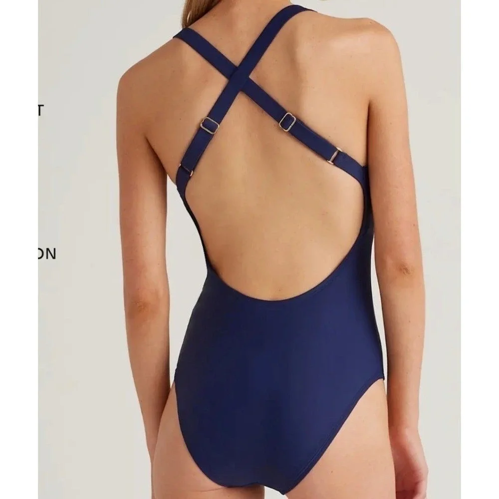 quince italian cross-back one-piece swimsuit deep navy blue, women size medium
